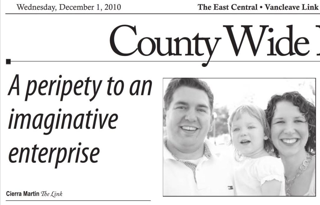 2010 County Wide newspaper clipping featuring Anna and Bryan Cirlot with their daughter, titled A peripety to an imaginative enterprise