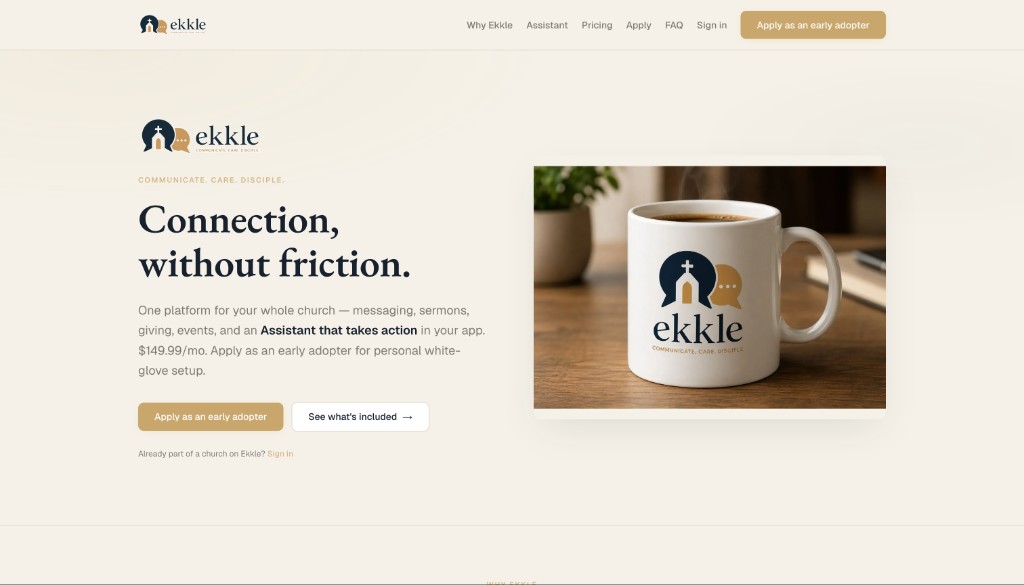 Ekkle website, Connection, without friction. Church communication platform