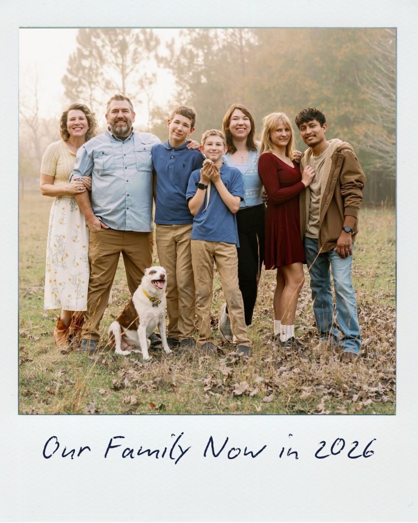 The Cirlot family and their dog outdoors in 2026, labeled Our Family Now in 2026