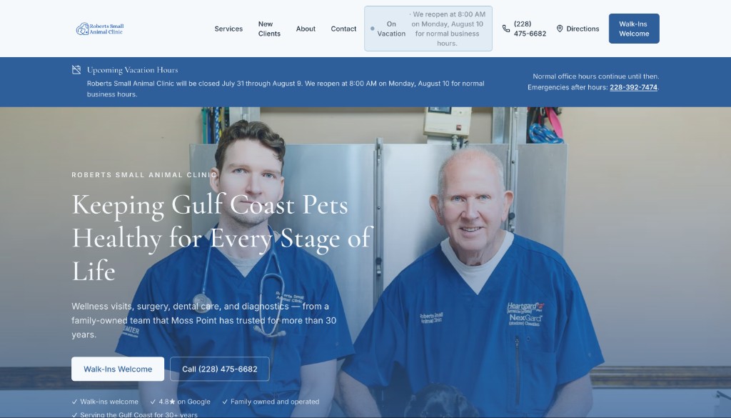 Roberts Small Animal Clinic website after the Seven Day Launch redesign